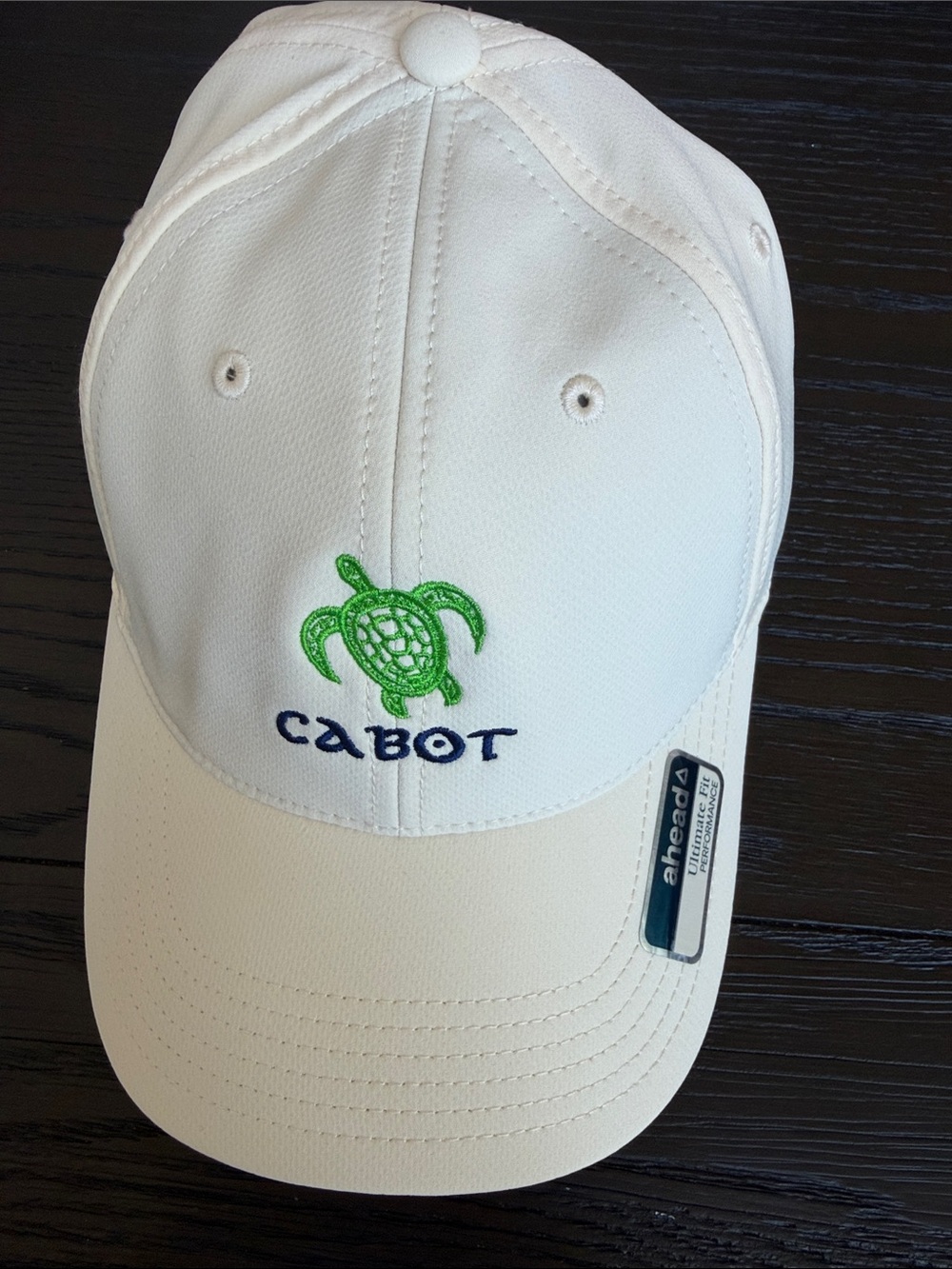 Cabot White Baseball Cap with Green Turtle Embroidery